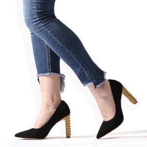 Black + Mustard Suede Rivet Heels